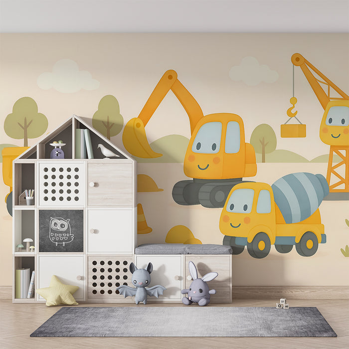 Lastenhuoneen tapetti | Iloiset pienet rakennuskoneet