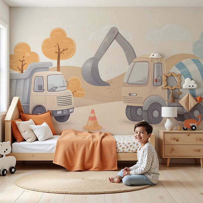 Papier peint chambre enfant | Camions de construction pastel