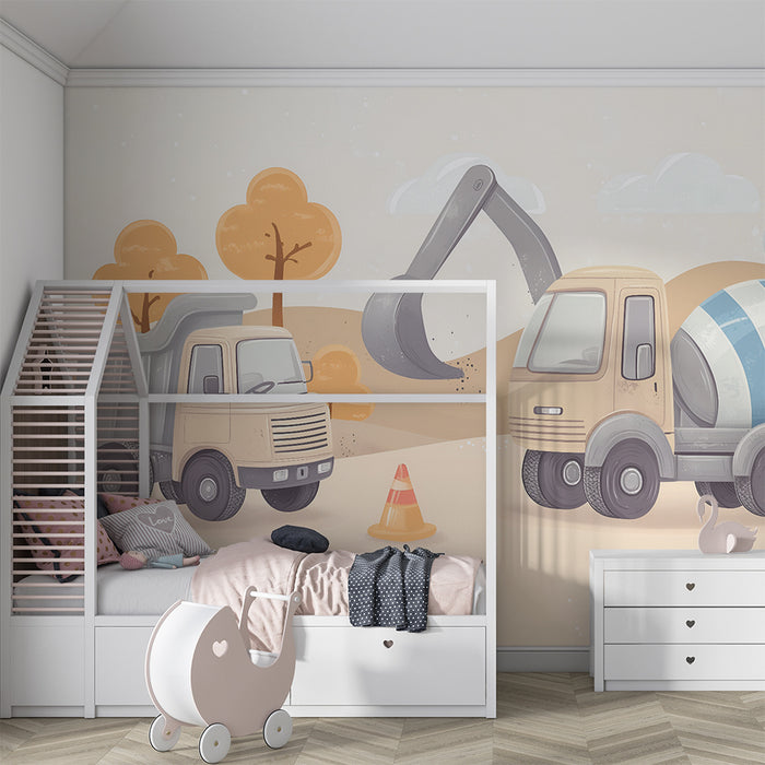 Papier peint chambre enfant | Camions de construction pastel