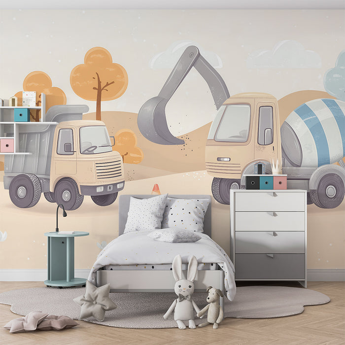 Papier peint chambre enfant | Camions de construction pastel