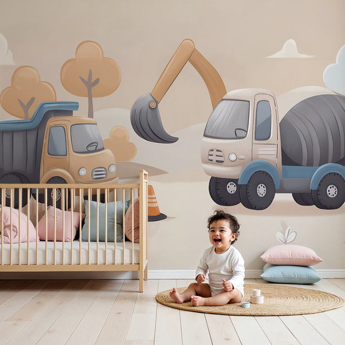 Papier peint chambre enfant | Camions de construction pastel beige