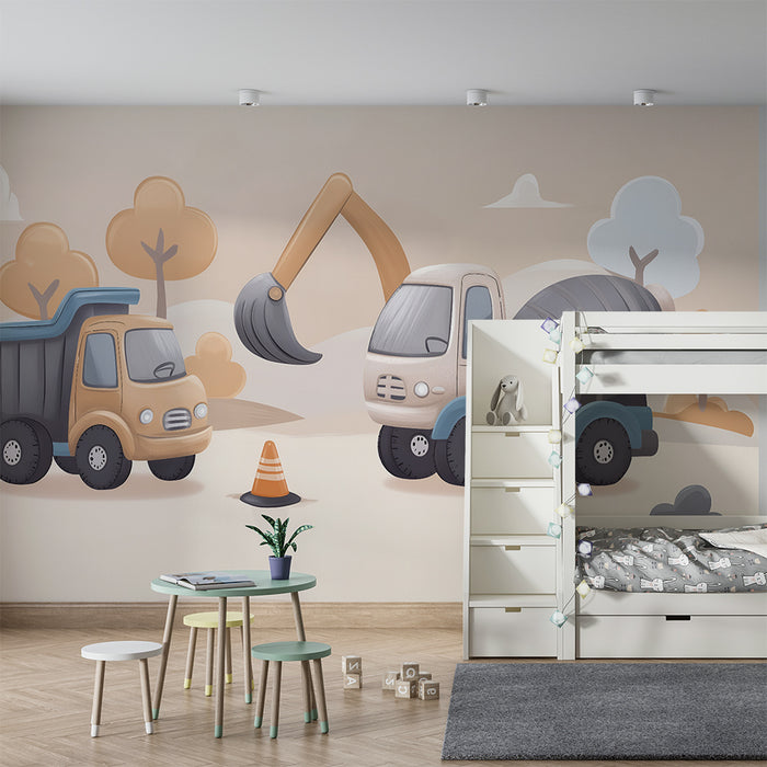 Papier peint chambre enfant | Camions de construction pastel beige