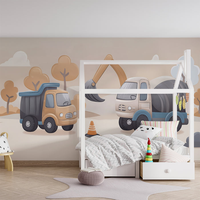 Papier peint chambre enfant | Camions de construction pastel beige