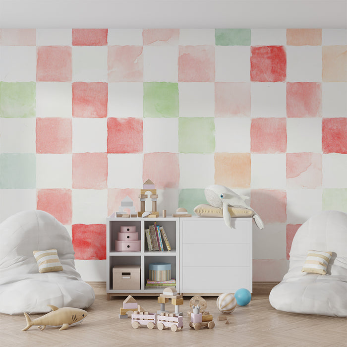 Lastenhuoneen tapetti | Vaaleanvihreä ja vaaleanpunainen akvarellilaatta
