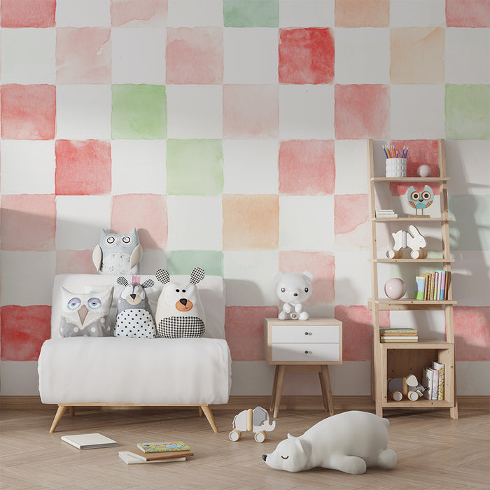 Lastenhuoneen tapetti | Vaaleanvihreä ja vaaleanpunainen akvarellilaatta