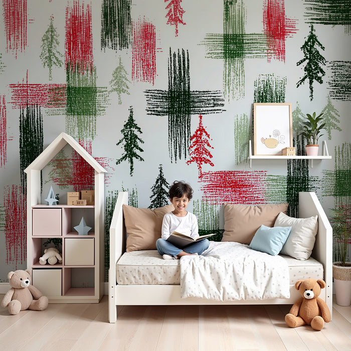 Barntapet | Festliga röda och gröna granar