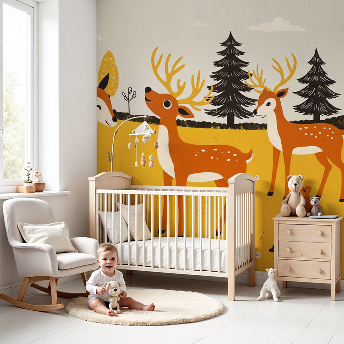 Barntapet hjortar och skog | Lekfull design för barn