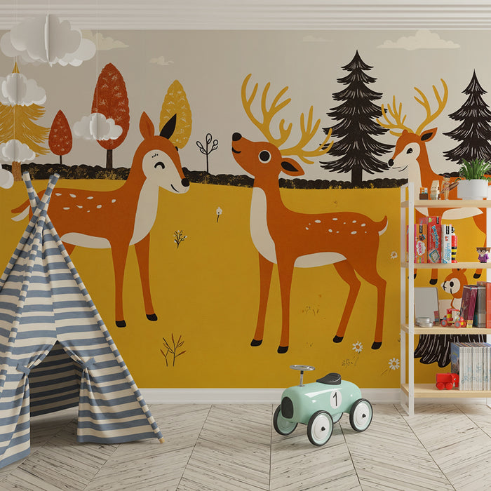 Barntapet hjortar och skog | Lekfull design för barn
