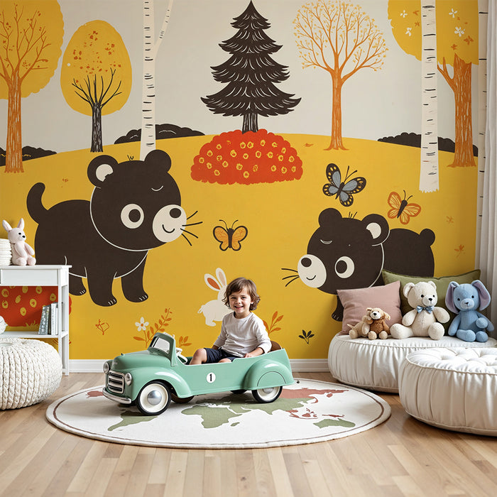 Papier peint enfants | Ours et forêt ludique