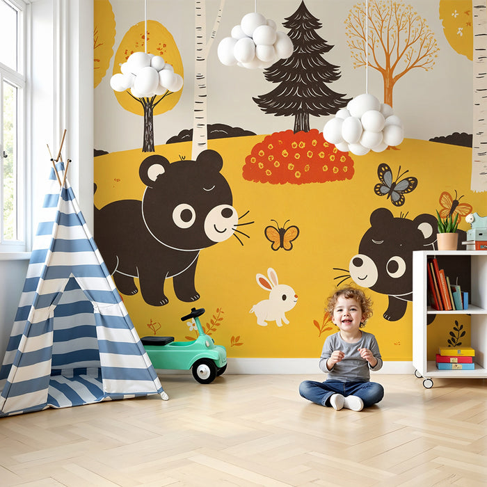 Papier peint enfants | Ours et forêt ludique