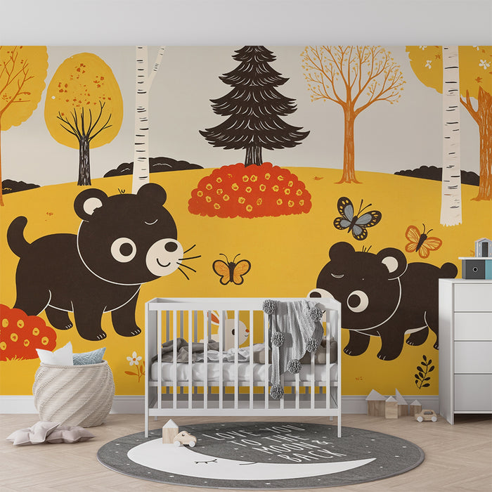 Papier peint enfants | Ours et forêt ludique