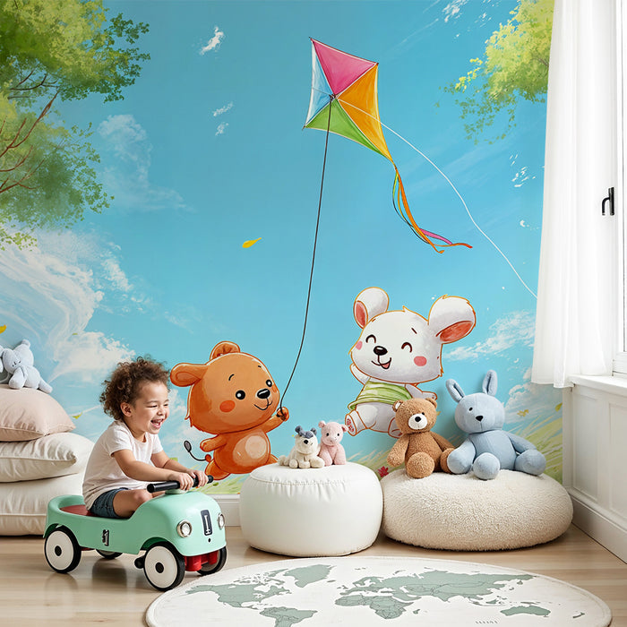 Kinderzimmer Tapete | Tiere spielen mit einem Drachen