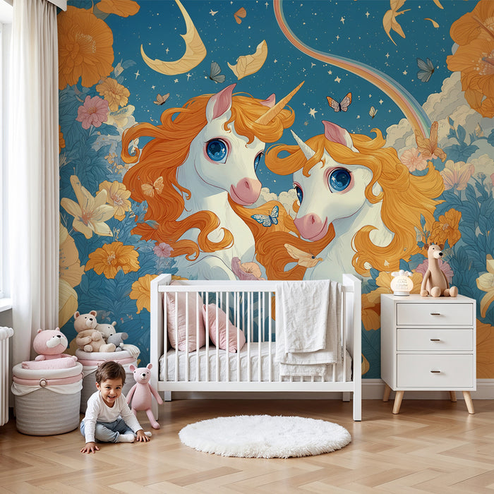 Papier peint chambre enfant | Licorne enchantée et fleurs éclatantes
