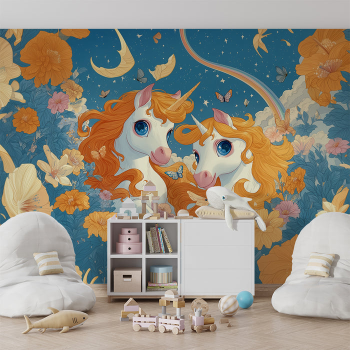 Papier peint chambre enfant | Licorne enchantée et fleurs éclatantes