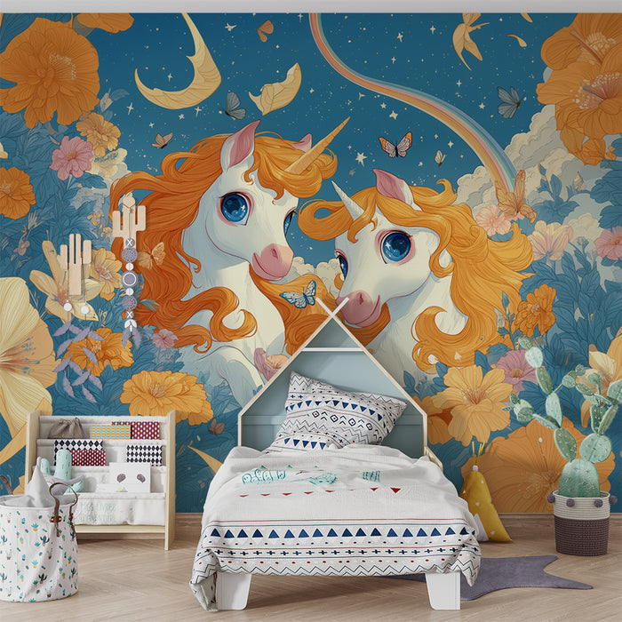 Papier peint chambre enfant | Licorne enchantée et fleurs éclatantes