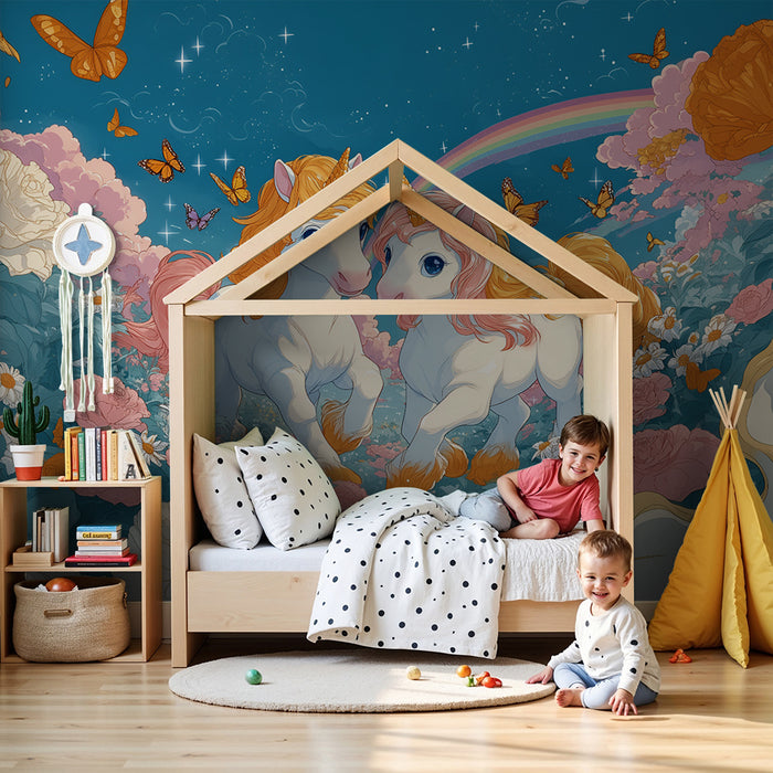 Papier peint chambre enfant | Licornes magiques et papillons
