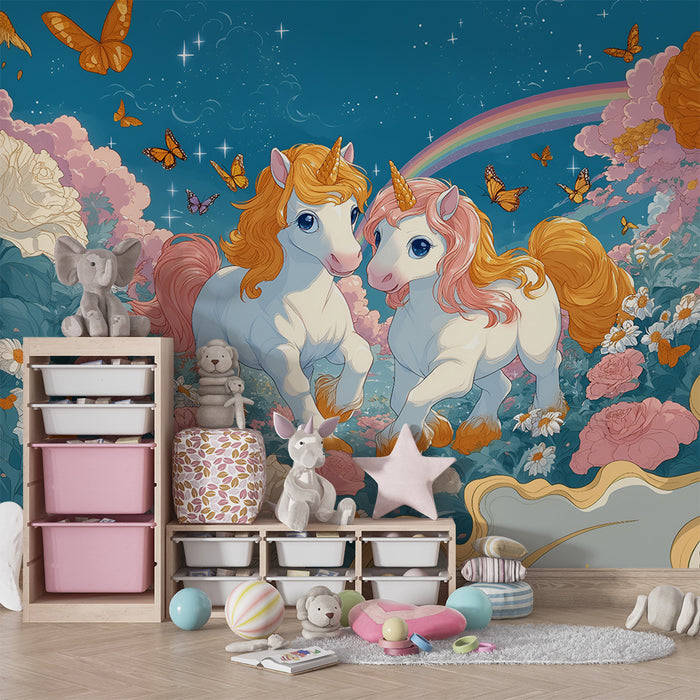 Papier peint chambre enfant | Licornes magiques et papillons