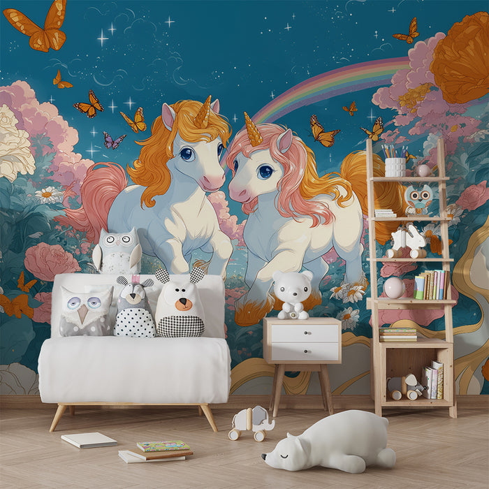 Papier peint chambre enfant | Licornes magiques et papillons