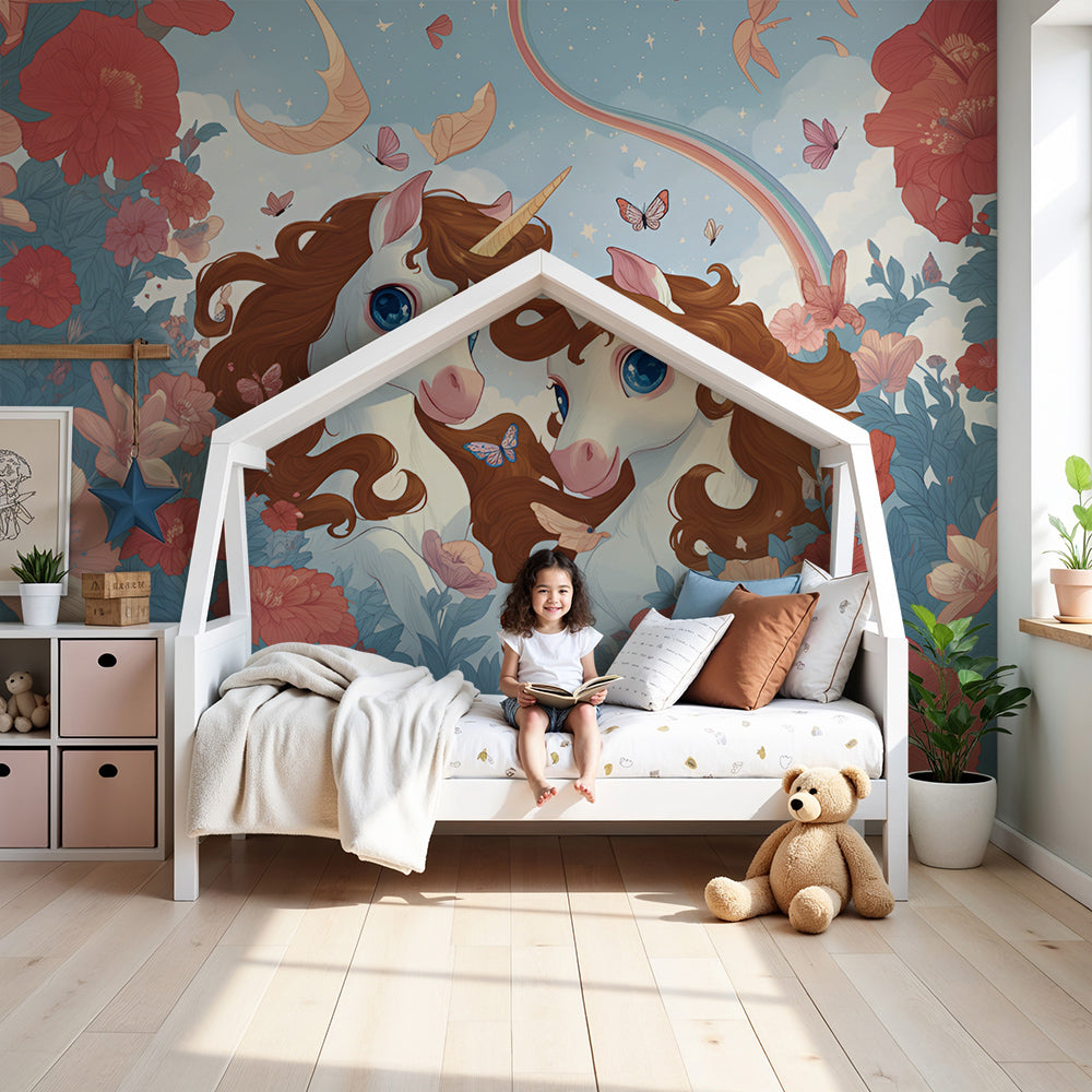 Tapet barnerom | Magiske enhjørninger og strålende blomsterI18n Error:  Missing interpolation value \, image size:1000x1000