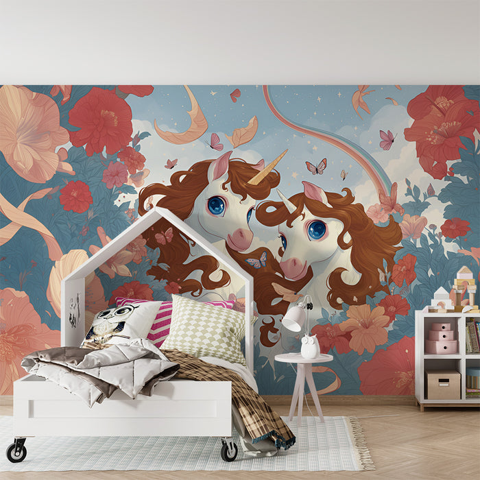 Lastenhuoneen tapetti | Taianomaiset yksisarviset ja kirkkaat kukat