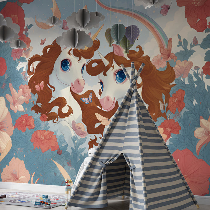 Lastenhuoneen tapetti | Taianomaiset yksisarviset ja kirkkaat kukat
