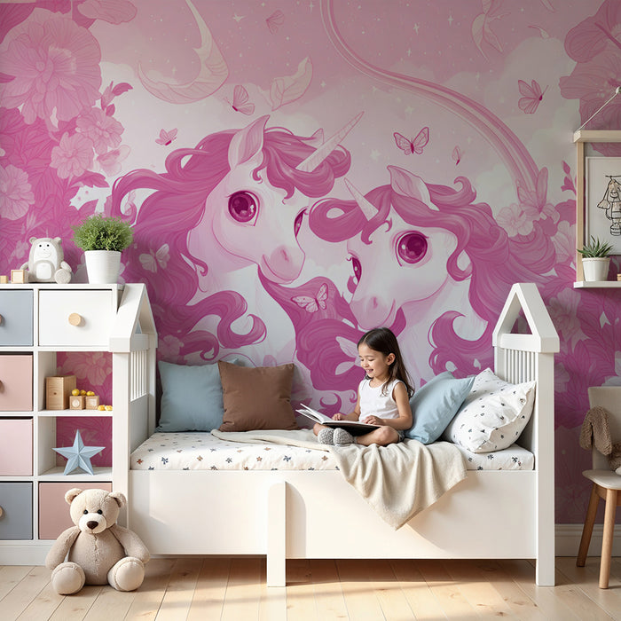 Lastenhuoneen tapetti | Vaaleanpunaiset yksisarviset ja taianomaiset kukat