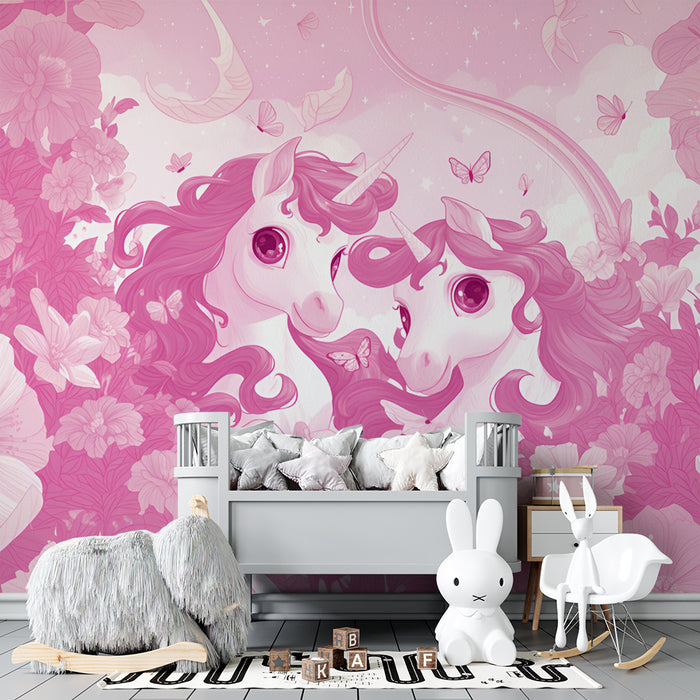Lastenhuoneen tapetti | Vaaleanpunaiset yksisarviset ja taianomaiset kukat