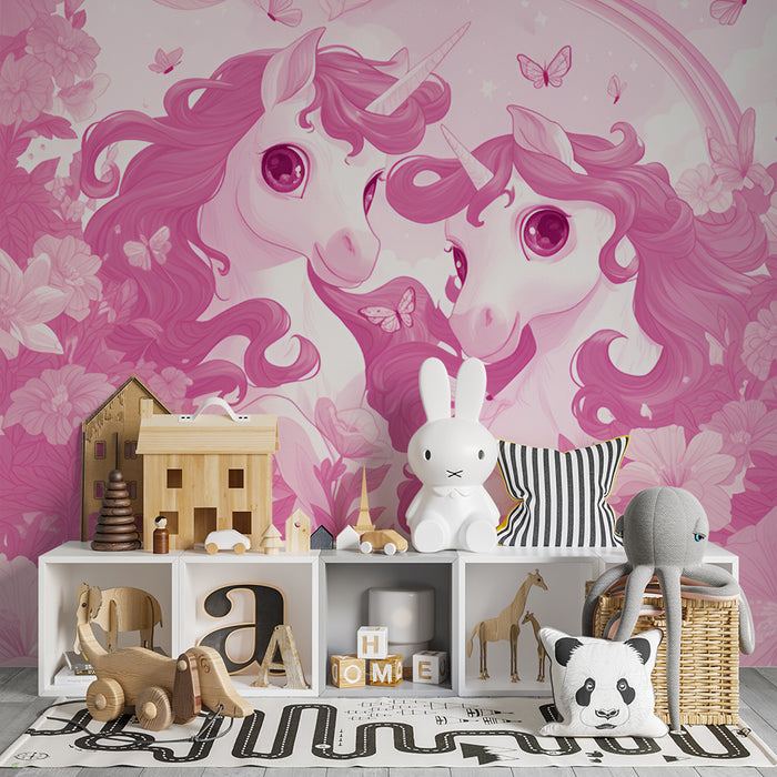 Lastenhuoneen tapetti | Vaaleanpunaiset yksisarviset ja taianomaiset kukat
