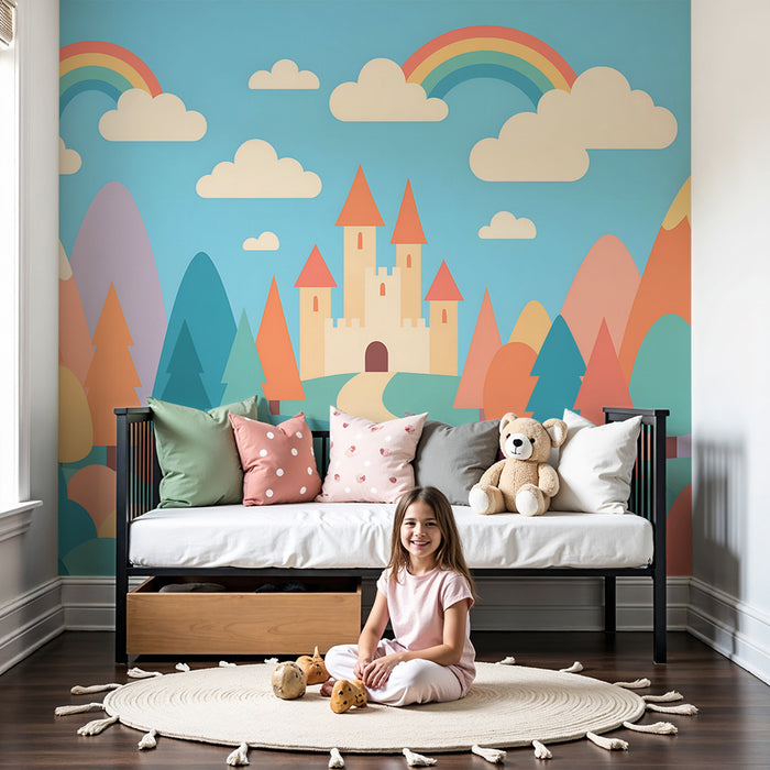 Papier peint chambre enfant | Château féérique et arc-en-ciel sous un ciel bleu