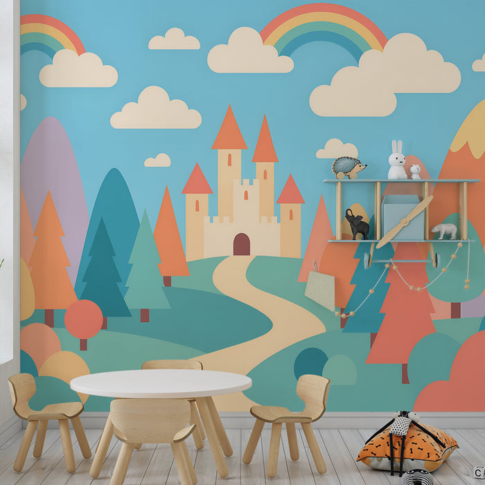 Papier peint chambre enfant | Château féérique et arc-en-ciel sous un ciel bleu