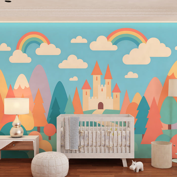 Papier peint chambre enfant | Château féérique et arc-en-ciel sous un ciel bleu