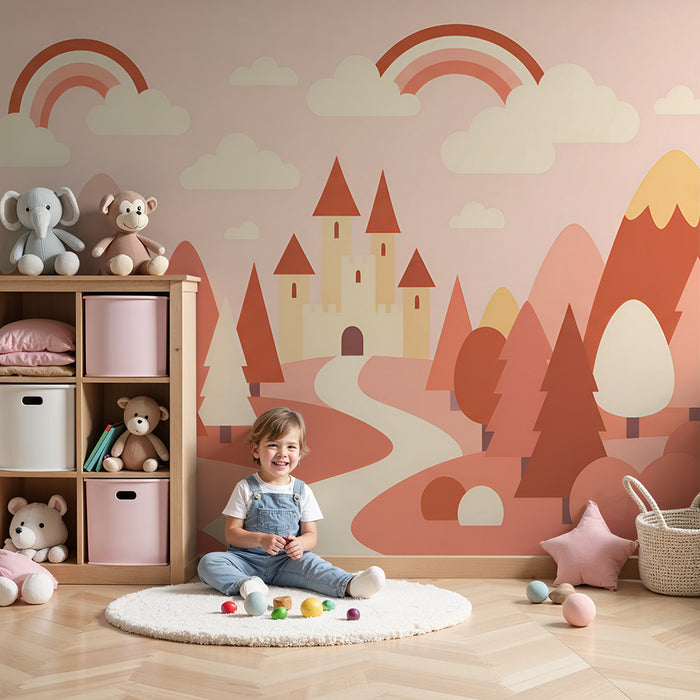 Papel pintado infantil | Castillo mágico y montañas pastel