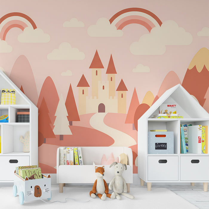 Papel pintado infantil | Castillo mágico y montañas pastel