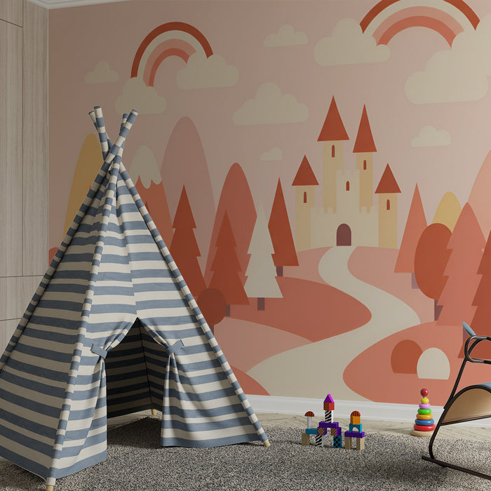 Papel pintado infantil | Castillo mágico y montañas pastel