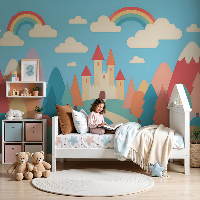 Papel pintado infantil | Castillo encantado y arco iris