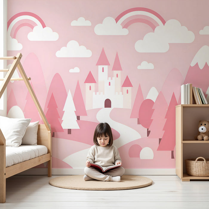 Papel pintado infantil | Castillo mágico y arcoíris rosados