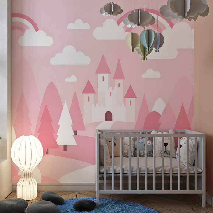 Papel pintado infantil | Castillo mágico y arcoíris rosados