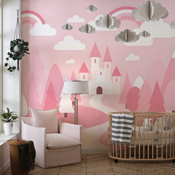 Papel pintado infantil | Castillo mágico y arcoíris rosados