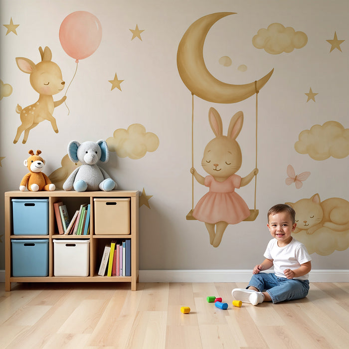 Barntapet | Drömmande månlandskap med gulliga djur