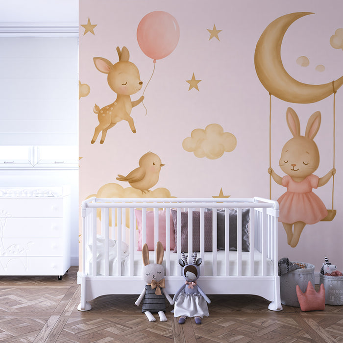 Barntapet | Drömmande månlandskap med gulliga djur