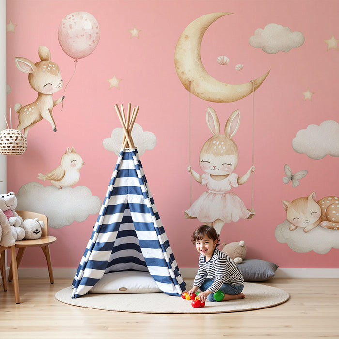 Barntapet | Drömmade djur på rosa bakgrund