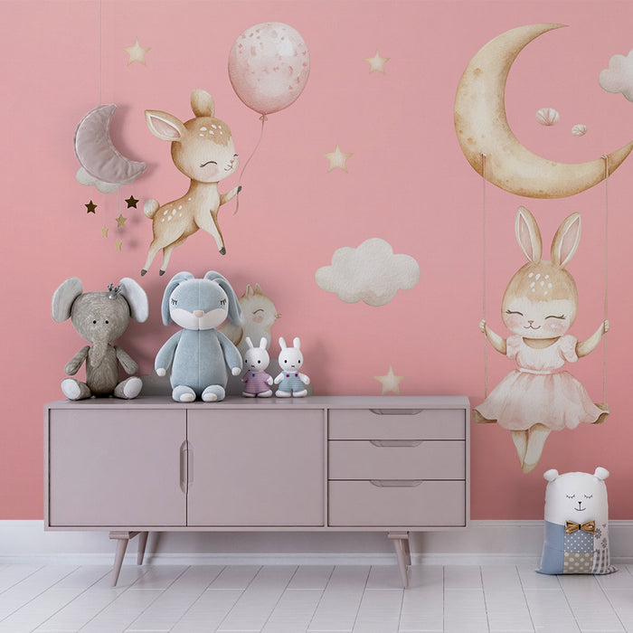 Barntapet | Drömmade djur på rosa bakgrund