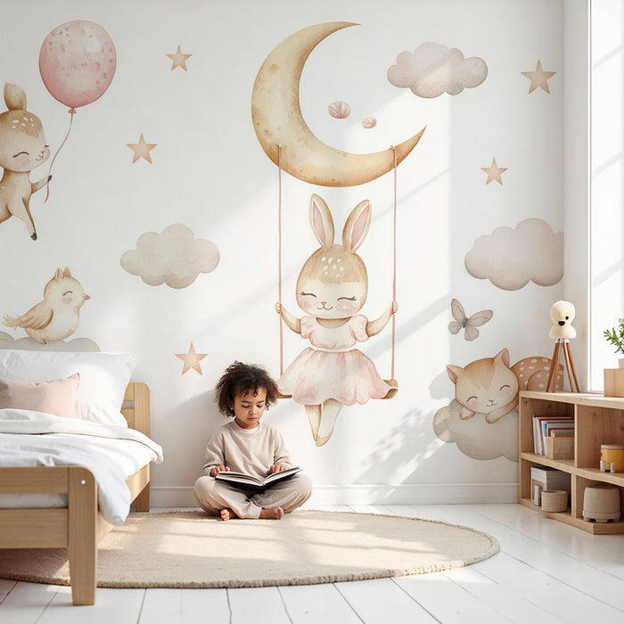 Babykamer behang | Maan en dromende dieren