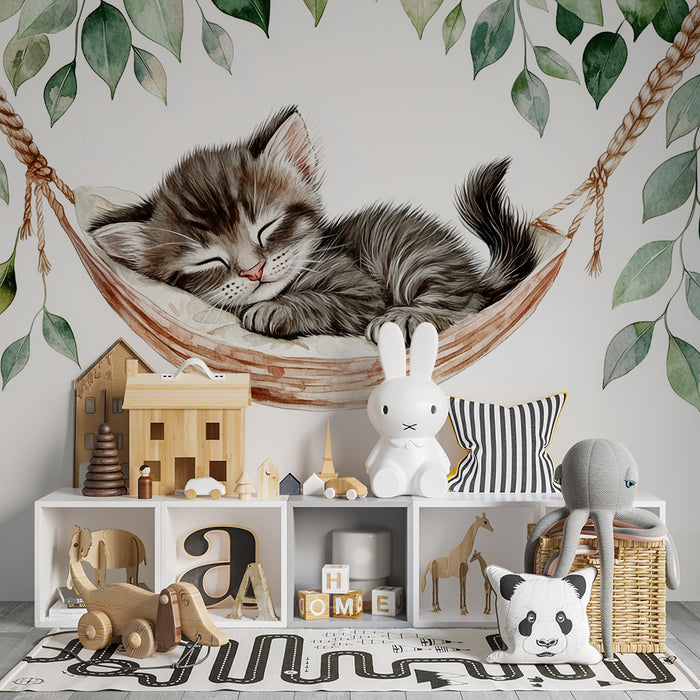 Babykamer behang | Slapende kitten en groene bladeren