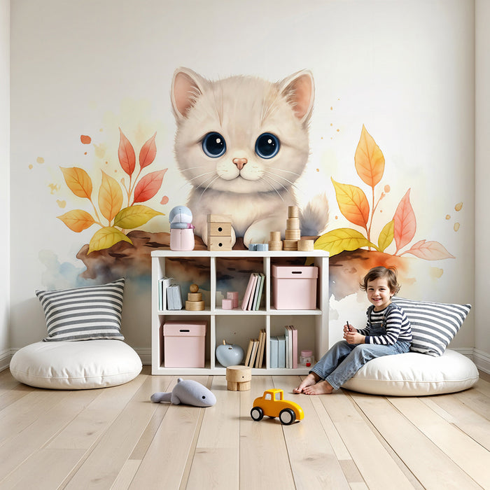 Barntapet | Söt kattunge och färgglada löv