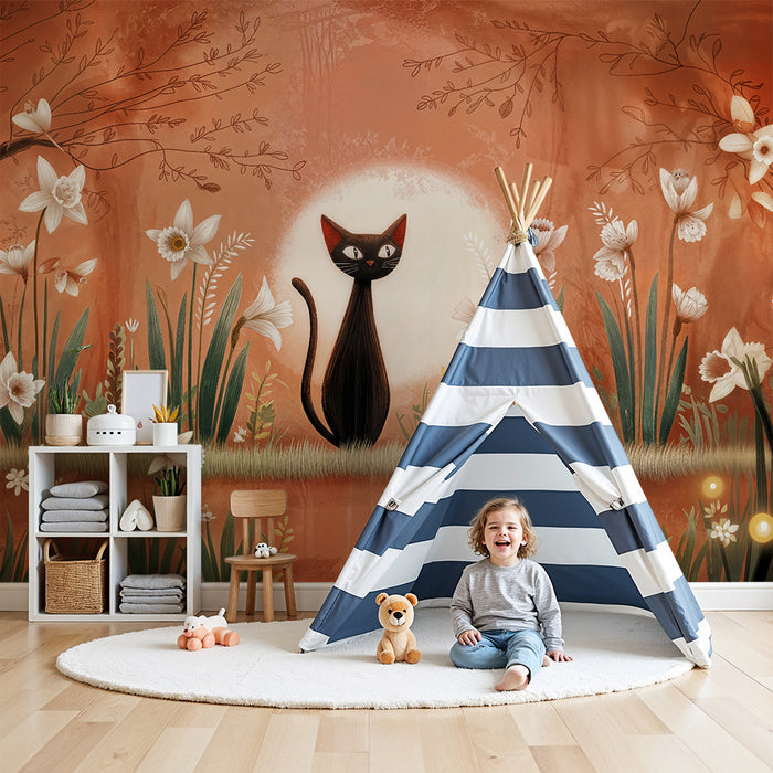 Barntapet | Svart katt och delikata blommor