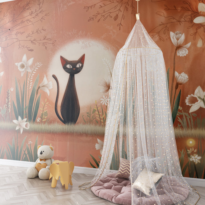 Barntapet | Svart katt och delikata blommor