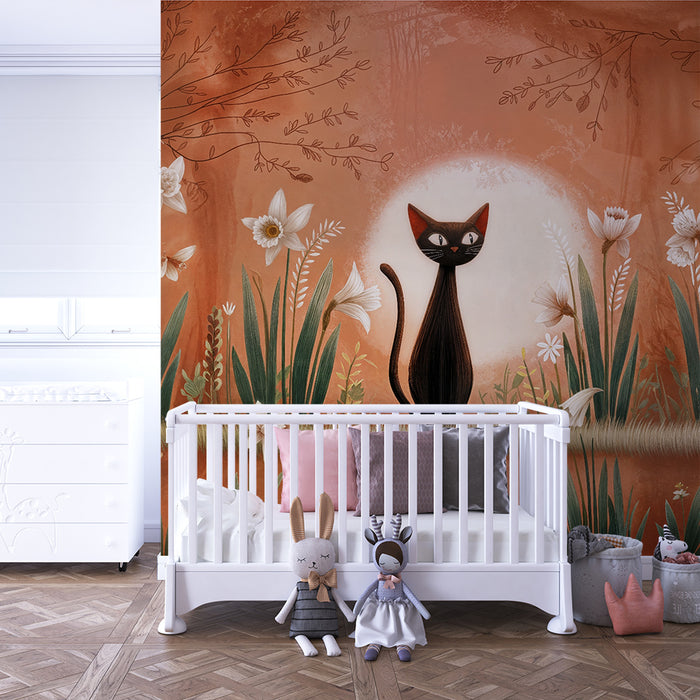 Barntapet | Svart katt och delikata blommor