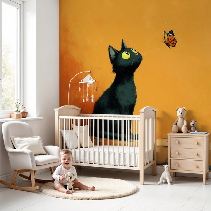 Papier peint chambre enfant | Chat noir et papillon orange