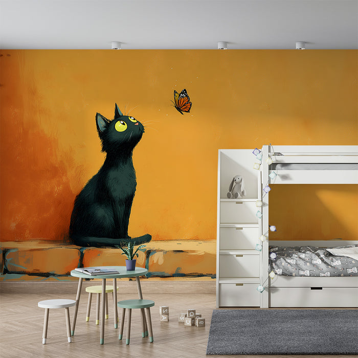 Papier peint chambre enfant | Chat noir et papillon orange